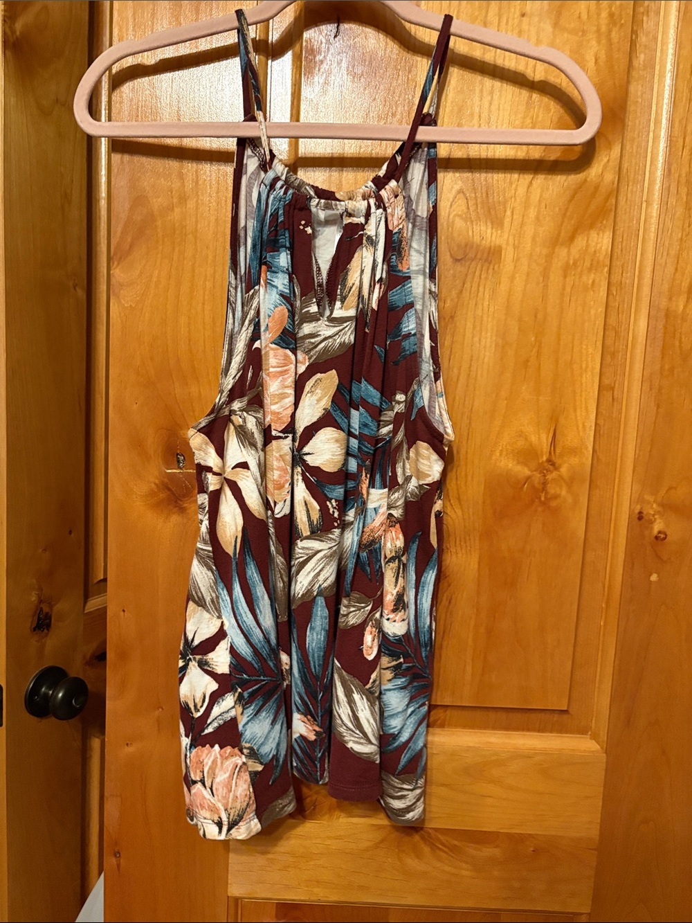 Floral Halter Tank Top in Burgundy and Teal - Women